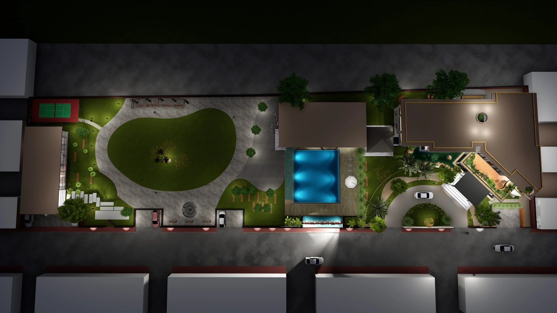 Global City clubhouse and swimming pool aerial night view