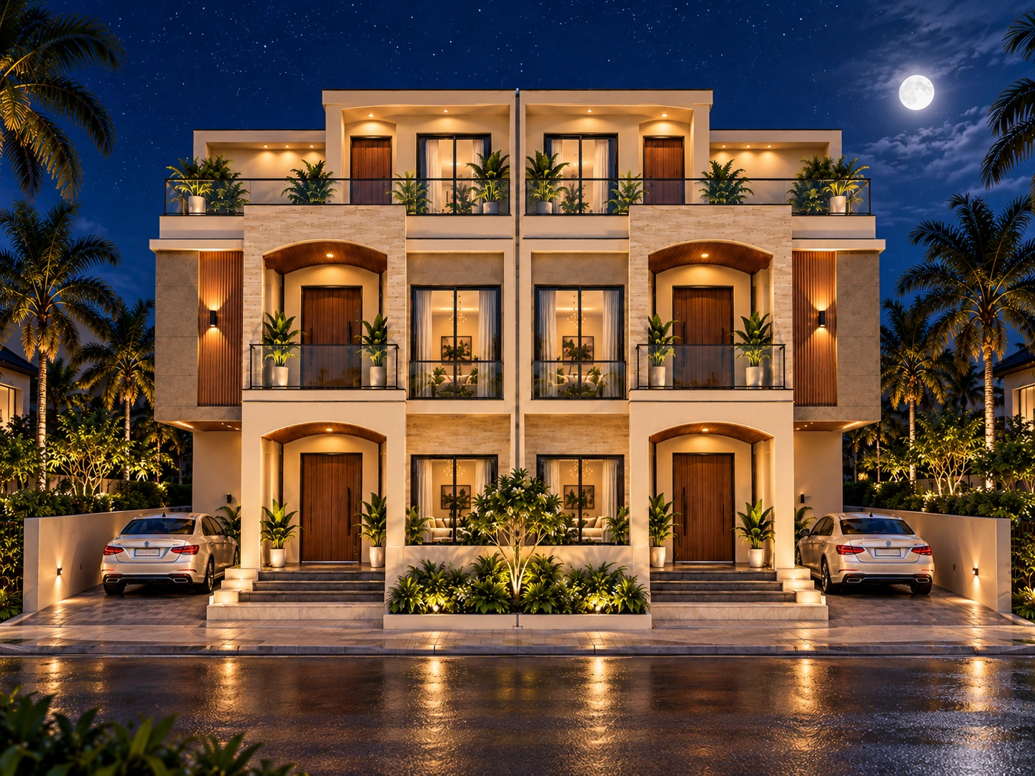 Global City villa front elevation at night