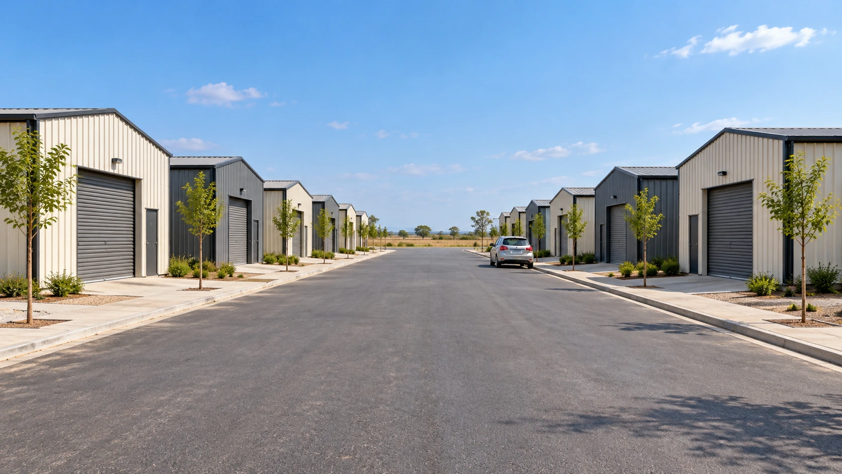 Illustrative view along a landscaped street of small industrial sheds