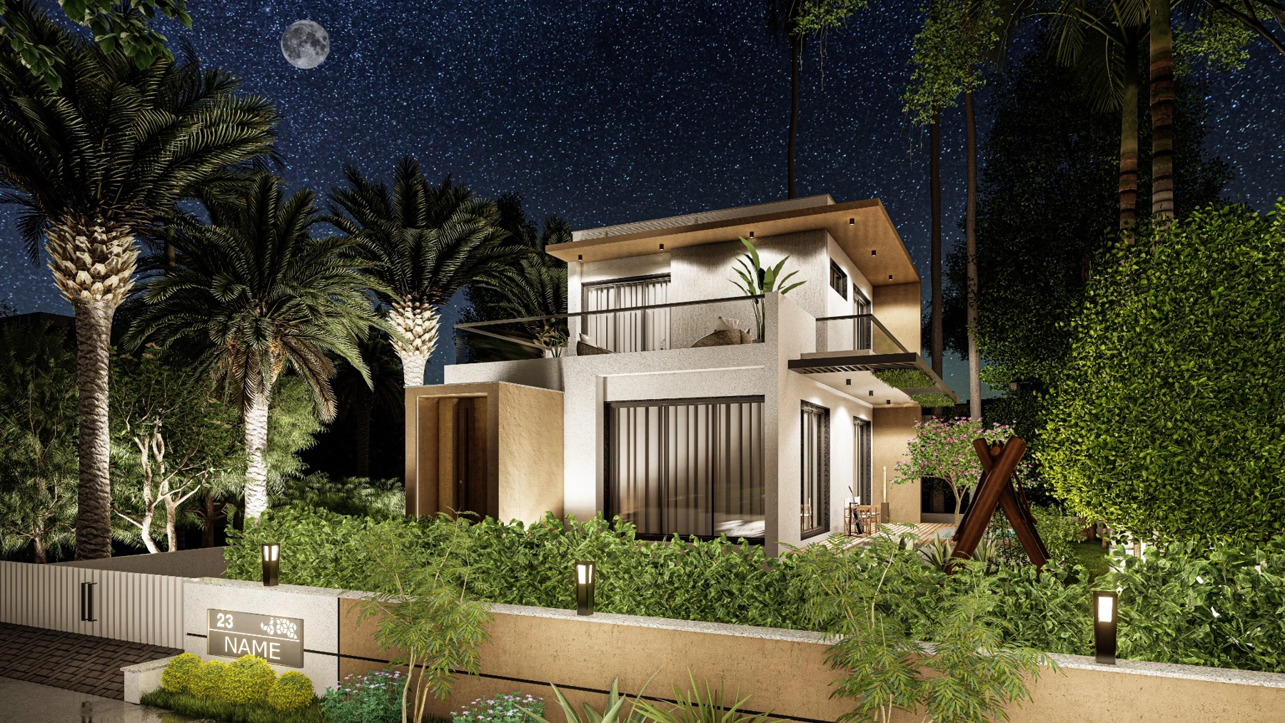 Lakeside Meadows landscaped villa night view